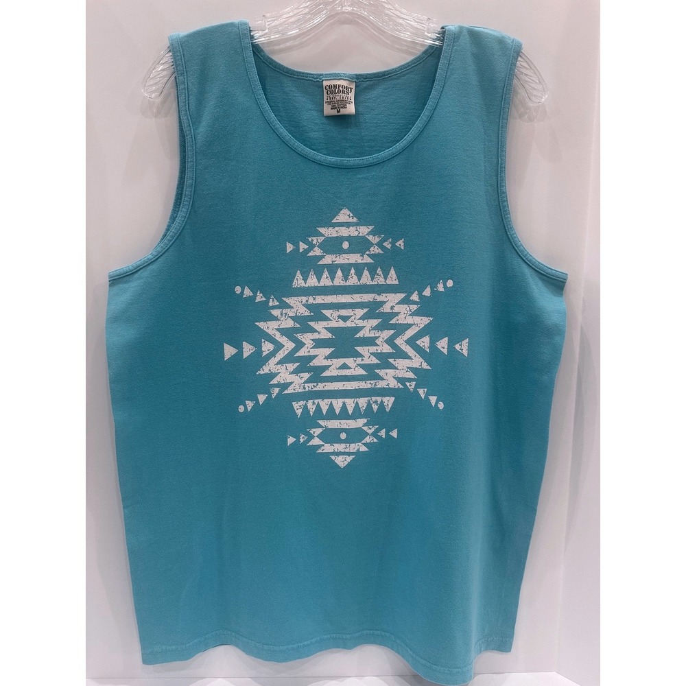 Comfort Colors Aztec Graphic Tank Top Medium Turquoise Blue Cotton Sleeveless
